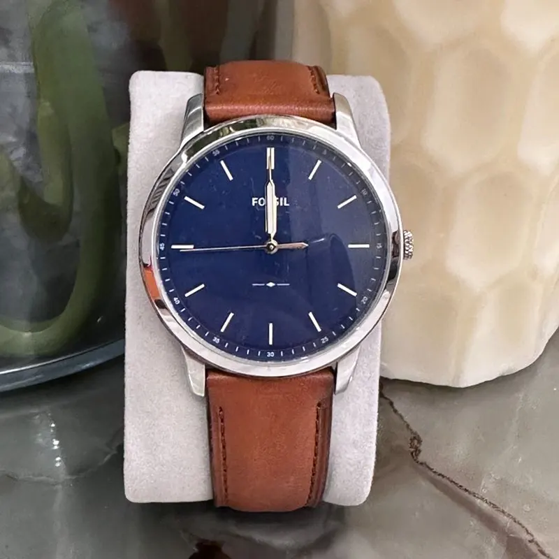 Fossil Minimalist Blue Dial Brown Leather Men's Watch- FS5304
